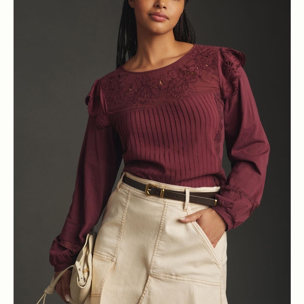 Anthropologie Tiny Long-Sleeve Crescent Ruffled Lace Top